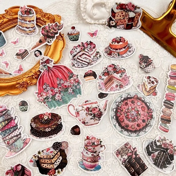 Elegant Tea & Dessert Party, Lady With Full Skirt, Macaroons & More 35 Stickers - Picture 1 of 4